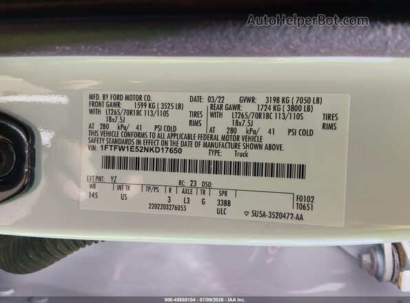 1FTFW1E52NKD17650 2022 FORD F150 White ძრავის განყოფილების ხედი