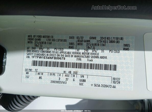 1FTFW1E54NFB09679 2022 FORD F150 Белый Вид подкапотного пространства