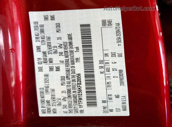 1FTFW1E56KFB28956 2019 FORD F150 Red VIN sticker view