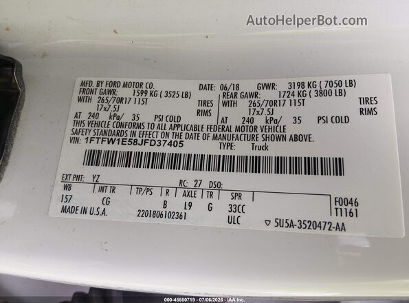 1FTFW1E58JFD37405 2018 FORD F150 White Շարժիչի բաժամունքի տեսք