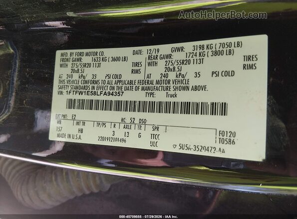 1FTFW1E58LFA94357 2020 FORD F150 Black Շարժիչի բաժամունքի տեսք