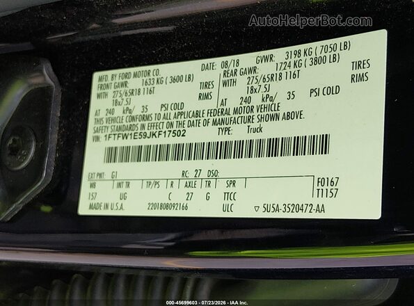 1FTFW1E59JKF17502 2018 FORD F150 Black Vista del compartimento del motor