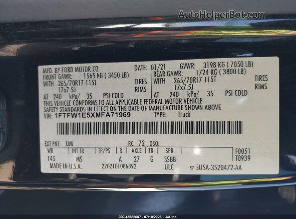 1FTFW1E5XMFA71969 2021 FORD F150 Black Vista del compartimento del motor