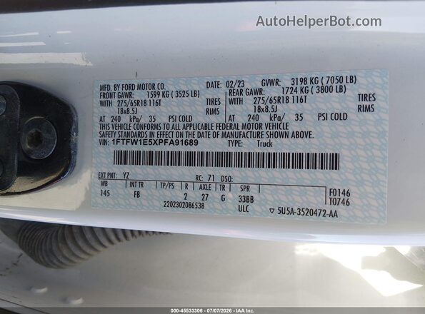 1FTFW1E5XPFA91689 2023 FORD F150 White Engine compartment view