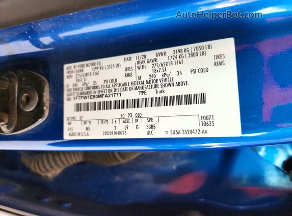 1FTFW1E80MFA21771 2021 FORD F150 Blue Շարժիչի բաժամունքի տեսք