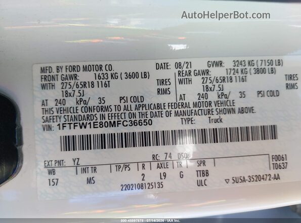 1FTFW1E80MFC36650 2021 FORD F150 Белый Вид подкапотного пространства