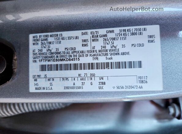 1FTFW1E80MKD84515 2021 FORD F150 Gray Engine compartment view