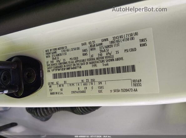 1FTFW1E81MFA80716 2021 FORD F-150 KING RANCH SUP White ძრავის განყოფილების ხედი