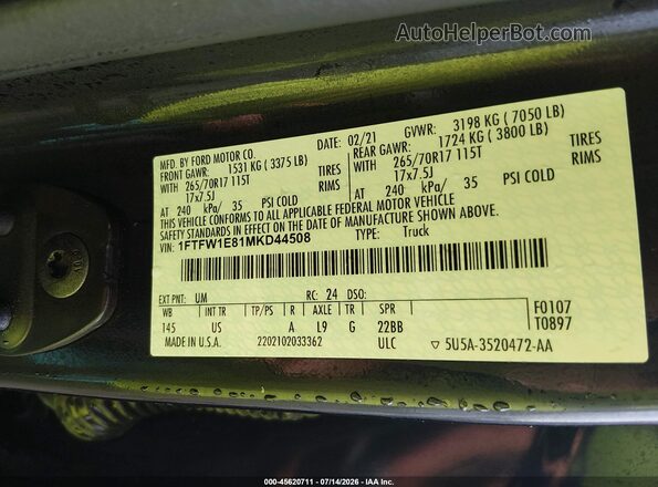 1FTFW1E81MKD44508 2021 FORD F150 Черный Вид подкапотного пространства