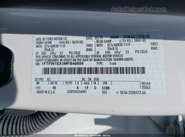 1FTFW1E83MFB48899 2021 FORD F150 White Vista del compartimento del motor