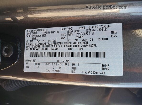 1FTFW1E83MFC84031 2021 FORD F150 Gray სალონის 360-გრადუსიანი ხედი