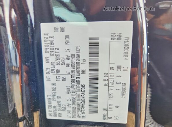 1FTFW1E83NFA87605 2022 FORD F150 Black Вид наклейки з VIN-кодом