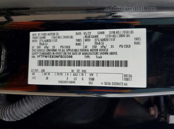 1FTFW1E83NFB33398 2022 FORD F150 Black Engine compartment view
