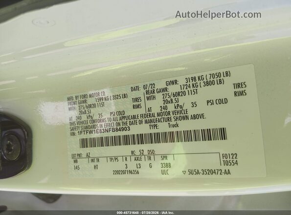1FTFW1E83NFB84903 2022 FORD F150 White Widok komory silnika