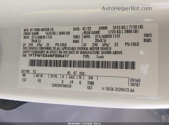 1FTFW1E84NFB86417 2022 FORD F150 White ძრავის განყოფილების ხედი