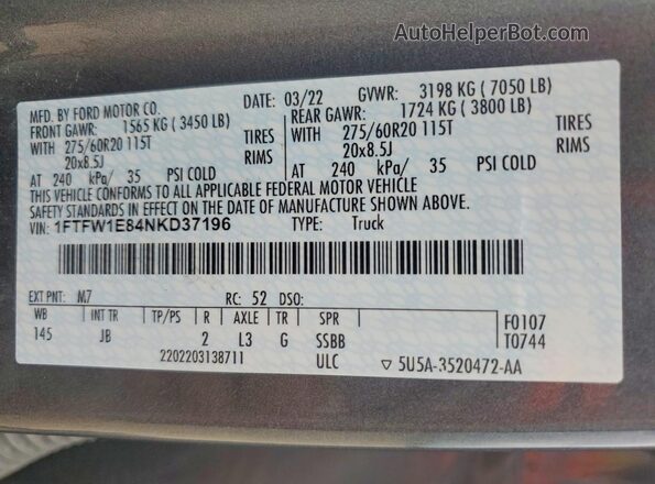 1FTFW1E84NKD37196 2022 FORD F150 Gray Engine compartment view