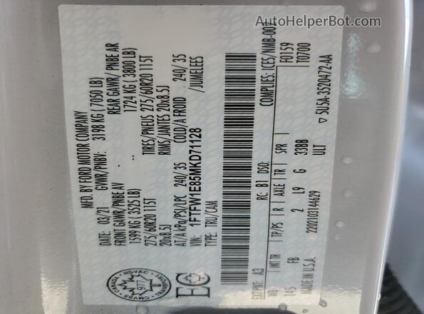 1FTFW1E85MKD71128 2021 FORD F150 Gray VIN sticker view