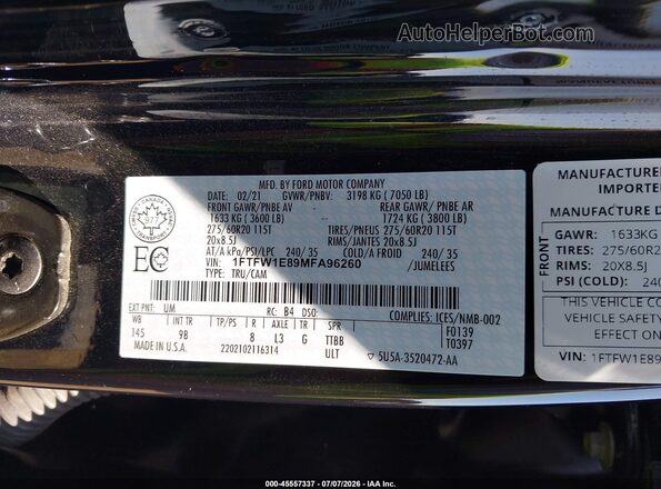 1FTFW1E89MFA96260 2021 FORD F150 Black Widok komory silnika