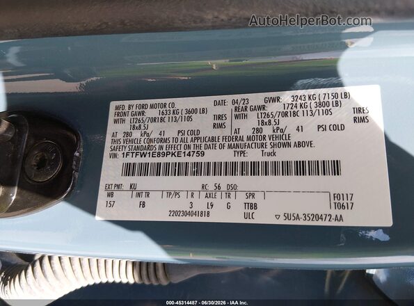1FTFW1E89PKE14759 2023 FORD F150 Blue ძრავის განყოფილების ხედი
