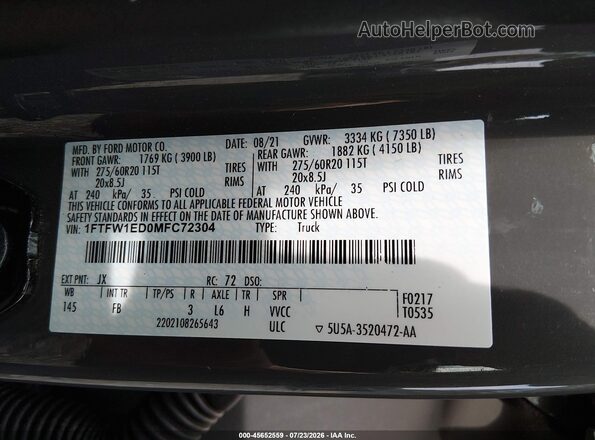 1FTFW1ED0MFC72304 2021 FORD F150 Gray Շարժիչի բաժամունքի տեսք