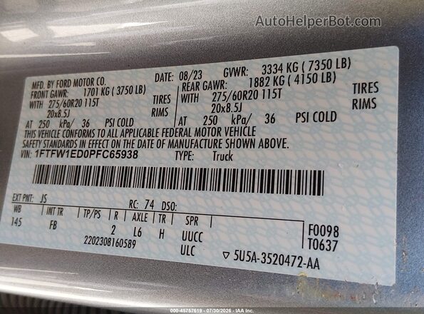 1FTFW1ED0PFC65938 2023 FORD F150 Silver Widok komory silnika