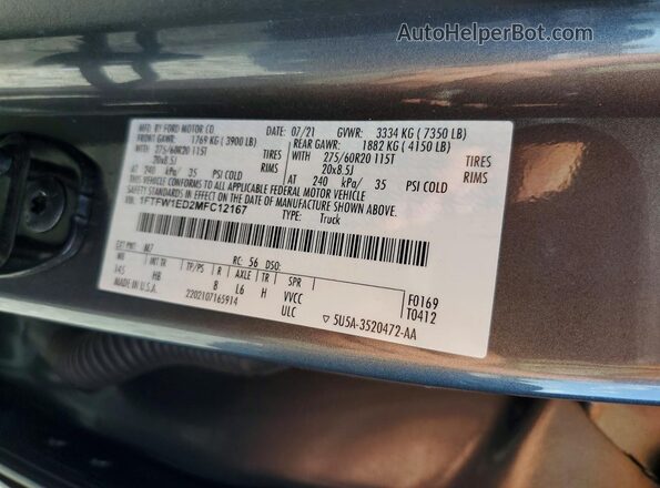 1FTFW1ED2MFC12167 2021 FORD F150 Gray Widok naklejki z numerem VIN