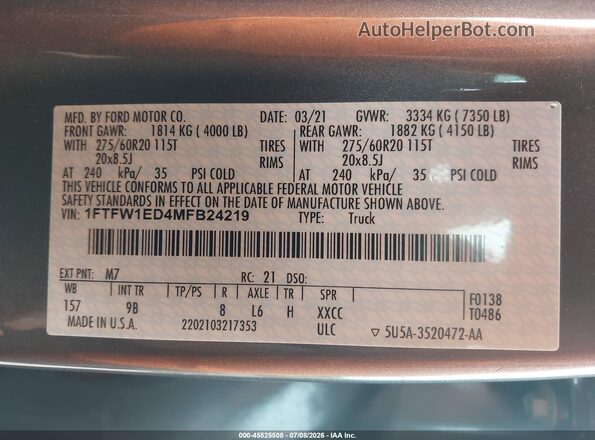 1FTFW1ED4MFB24219 2021 FORD F150 Red Vista del compartimento del motor