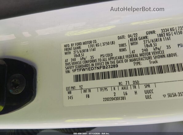 1FTFW1ED7NFB23289 2022 FORD F150 Белый Вид подкапотного пространства