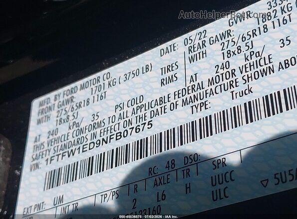 1FTFW1ED9NFB07675 2022 FORD F150 Black Շարժիչի բաժամունքի տեսք