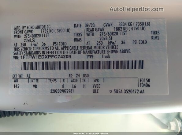 1FTFW1EDXPFC74209 2023 FORD F150 White ძრავის განყოფილების ხედი