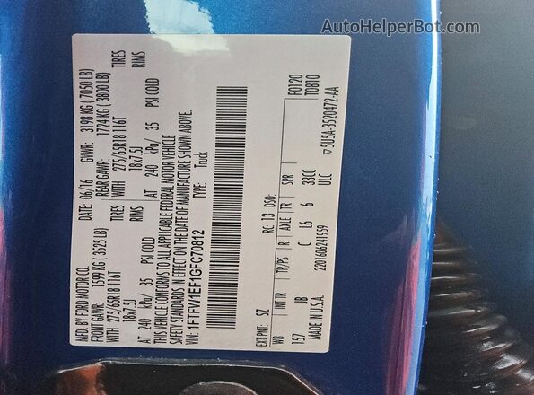 1FTFW1EF1GFC70812 2016 FORD F150 Blue VIN կոդի պիտակի տեսք