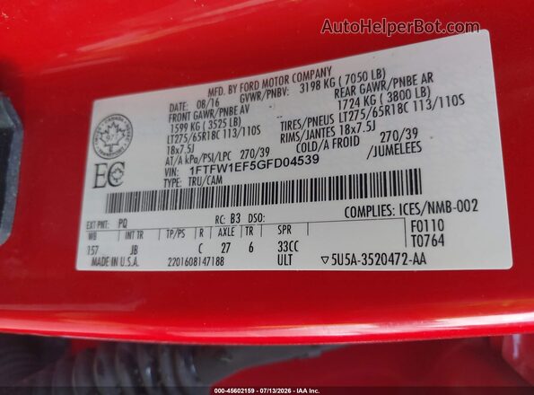 1FTFW1EF5GFD04539 2016 FORD F150 Red Vista del compartimento del motor