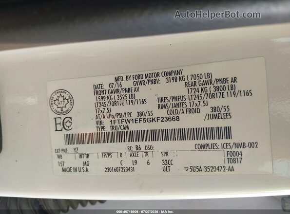 1FTFW1EF5GKF23668 2016 FORD F150 White ძრავის განყოფილების ხედი