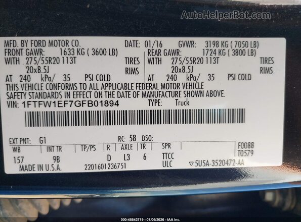 1FTFW1EF7GFB01894 2016 FORD F150 Black ძრავის განყოფილების ხედი