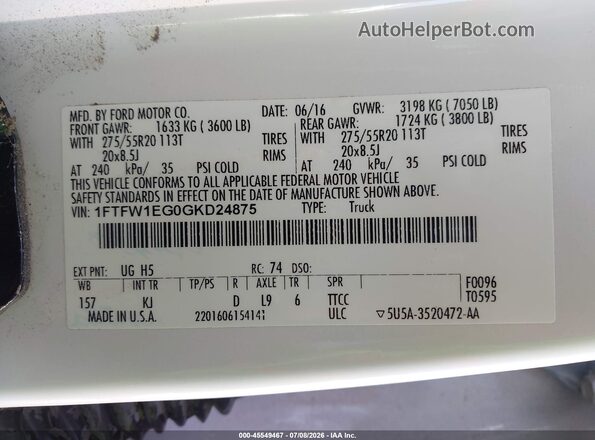 1FTFW1EG0GKD24875 2016 FORD F150 White Engine compartment view