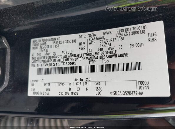1FTFW1EG1GFD30595 2016 FORD F150 Black Շարժիչի բաժամունքի տեսք