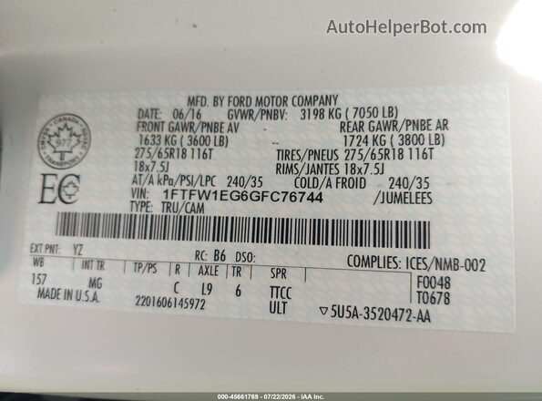 1FTFW1EG6GFC76744 2016 FORD F150 White Vista del compartimento del motor