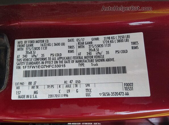 1FTFW1EG7HFC33015 2017 FORD F150 Maroon ძრავის განყოფილების ხედი