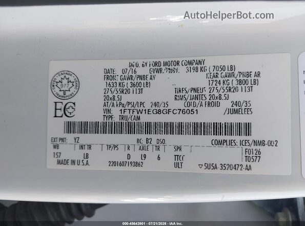 1FTFW1EG8GFC76051 2016 FORD F150 White Vista del compartimento del motor
