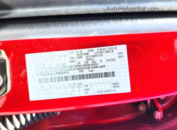 1FTFW1EG9JFB96975 2018 FORD F150 Red VIN կոդի պիտակի տեսք