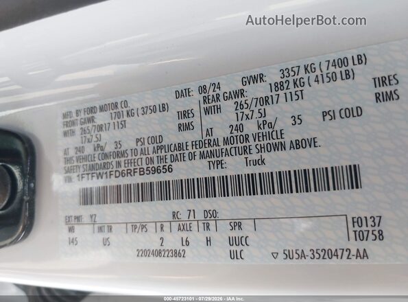 1FTFW1FD6RFB59656 2024 FORD F150 White Widok komory silnika