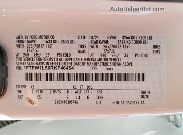 1FTFW1L56RKF46454 2024 FORD F150 Белый Вид наклейки с VIN-кодом