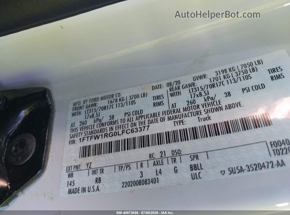 1FTFW1RG0LFC63377 2020 FORD F150 Белый Вид подкапотного пространства