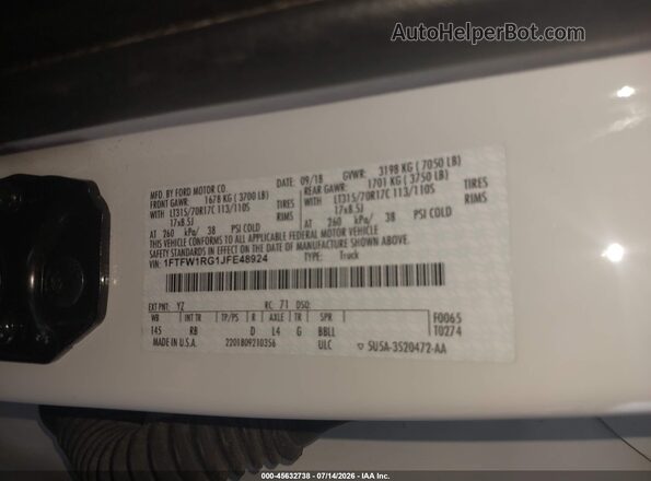 1FTFW1RG1JFE48924 2018 FORD F150 White Вид підкапотного простору
