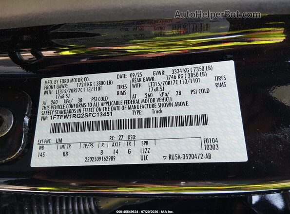 1FTFW1RG2SFC13451 2025 FORD F150 Black Շարժիչի բաժամունքի տեսք