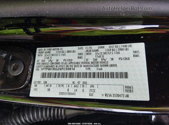 1FTFW1RG2SFC55814 2025 FORD F150 Черный Вид подкапотного пространства