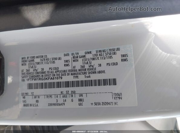1FTFW1RG3KFA61079 2019 FORD F150 White Շարժիչի բաժամունքի տեսք