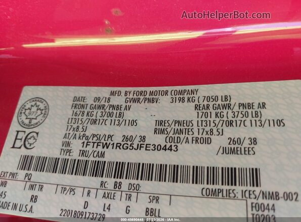 1FTFW1RG5JFE30443 2018 FORD F150 Red ძრავის განყოფილების ხედი