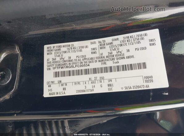 1FTFW1RG5LFC00534 2020 FORD F150 Черный Вид подкапотного пространства