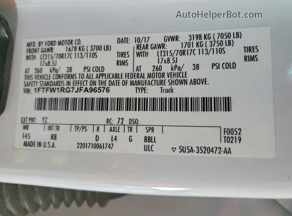 1FTFW1RG7JFA96576 2018 FORD F150 Белый Вид подкапотного пространства